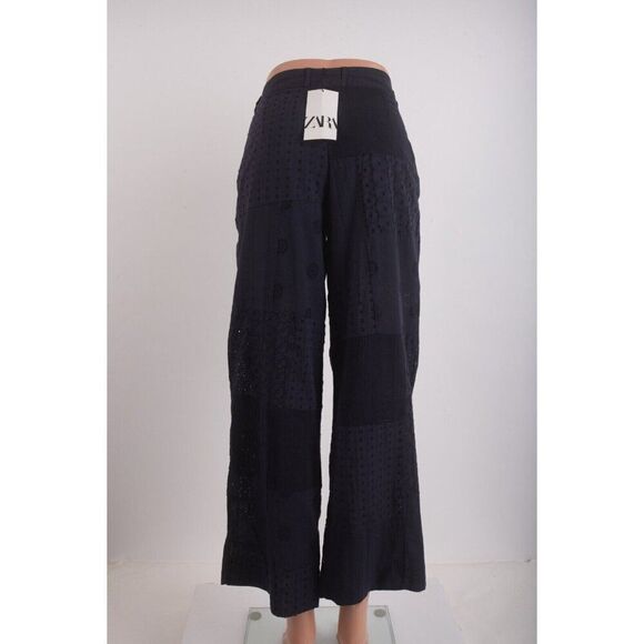 Zara Womans Wide Leg Pants Eyelet Embroidered Size M Navy Blue 6895/246 NWT - Picture 4 of 7